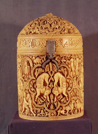 Pyx with a Relief Depicting the Pleasures of Courtly Life, Inscribed with the Name Al-Mughira, Son of the Caliph Abd-al-Rahman III, Umayyad Period, from Cordoba, 968 AD by Islamic School