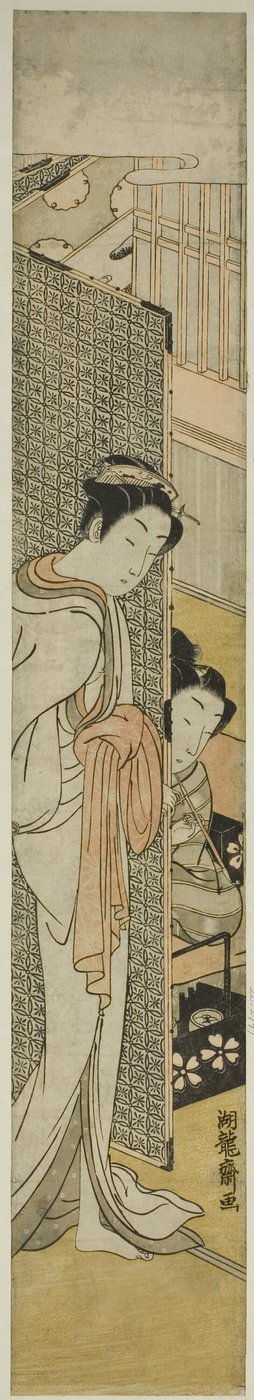 Courtesan Standing Behind Screen and Young Man Smoking by Isoda Koryusai