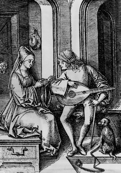 A Woman Singing While a Man is Playing a Lute (engraving) by Israhel van the younger Meckenem