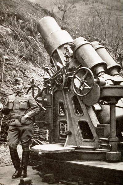 First World War: Italian Army Soldier Laying Near a Mortar, 1917, Italy by Italian Photographer