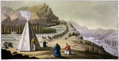 A Laplander Hut or Octagonal Tent with a Herd of Reindeer Coming Down the Mountain, Plate 47 from 