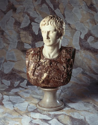 An Italian Sculpted Statuary and Breccia Marble Bust of Caesar Augustus, After the Antique by Italian School