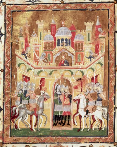 Battle scene at the walls of Jerusalem, from Descriptio Terrae Sanctae by Burchard of Mount Sion by Italian School