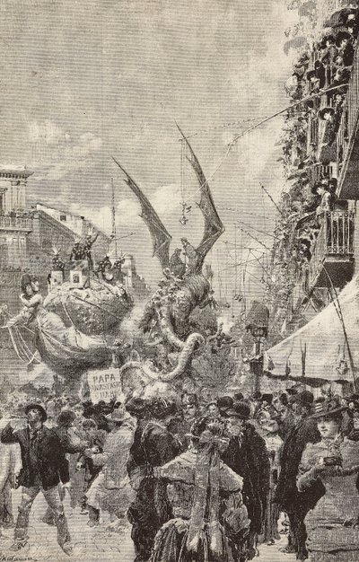 Carts parading during last day of Carnival, Naples, Italy, engraving from drawing by Matania, from L