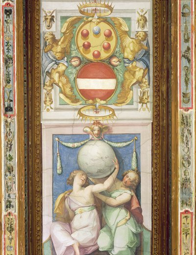 Ceiling decoration depicting two female figures supporting a globe: above is a depiction of the Medici coat of arms by Italian School