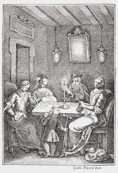 Chiaqlira reading tales to a sewing party, front cover of The Pentamerone of Giambattista Basile, 1742 by Italian School