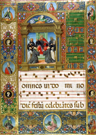 Choral miniature with St. Benedict preaching to monks by Italian School