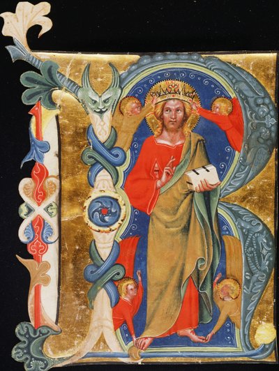 Christ the Redeemer - Initial R from a large-format illuminated manuscript by Italian School