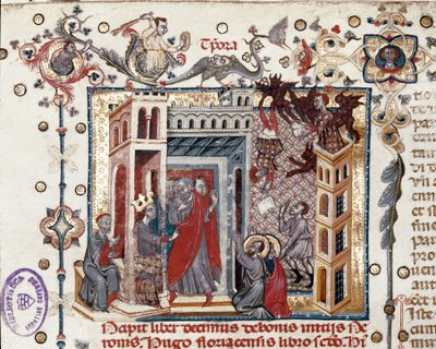 Simon Magus, the Emperor Nero, and the Apostles, miniature from Speculum Historiale, Part I, by Vincent de Beauvais by Italian School