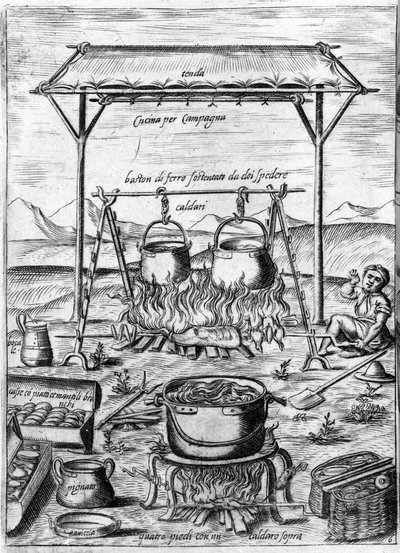 Country kitchen: cauldrons and pots are placed on fire. Engraving from 