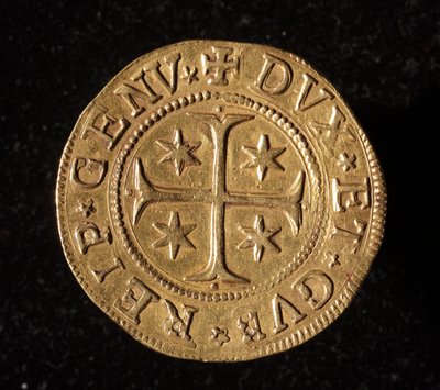 Currency of the Republic of Genoa: five gold doppie coin. 1652. (front) by Italian School