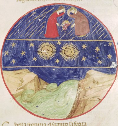 Dante and Beatrice contemplating the sign of Gemini, the planets and the earth, from Divina Commedia by Dante Alighieri (1265-1321) by Italian School