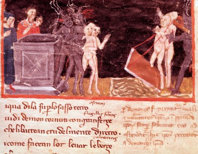 Dante and Virgil surrounded by the pimps and seducers (song 18 from Hell, in the Divine Comedy) - Miniature by Italian School