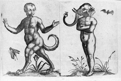 Different types of human monsters: one man with animal legs and another with elephant head. Engraving from 
