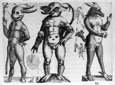 Different types of human monsters with half human, half animal bodies. Engraving from 