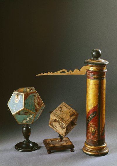 Different types of wooden solar clock: right cylindrical clock made for Francesco I de Medici; the other two are polyedric. Florence, Istituto e Museo di Storia delle Scienze by Italian School