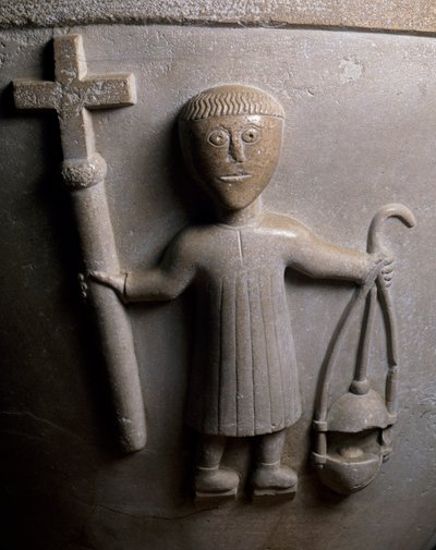 Figure of liturgical procession, detail from baptismal font decorated in relief, white limestone, Church of San Geminianus, Vicofertile, Emilia-Romagna, Italy by Italian School