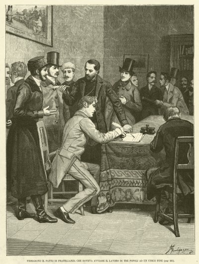 They Signed the Brotherhood Pact That Was to Lead the Work of Three Peoples to a Single Goal (engraving) by Italian School