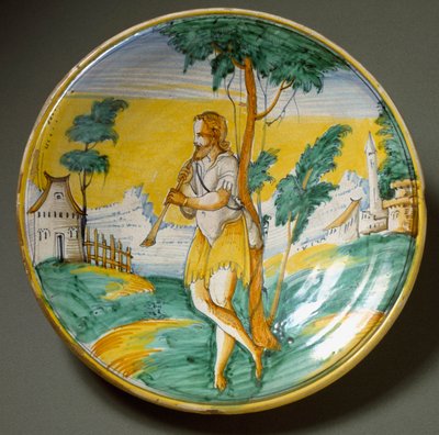 Flute Player in a Landscape. Ceramic Plate Produced in Viterbo by Italian School
