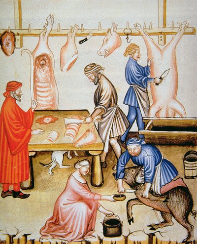 The Butchers: Pig Meat, illustration from Tacuinum Sanitatis Codex Vindobonensis by Italian School