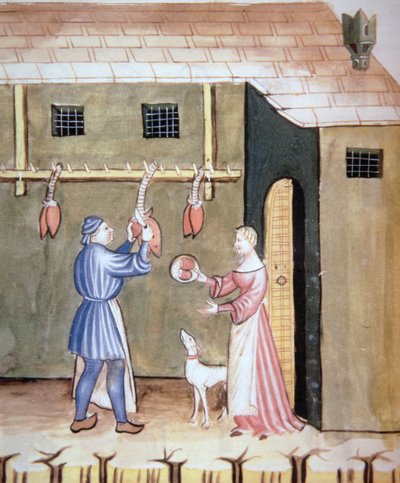 The Butchers: Selling Animal Hearts, from Tacuinum Sanitatis Codex Vindobonensis by Italian School