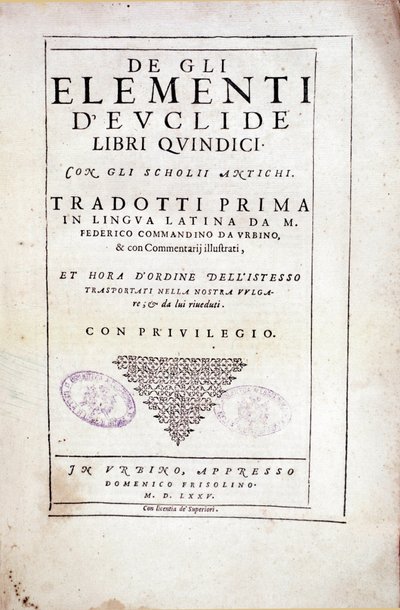 Frontispiece of volume XV Elements by the Greek mathematician Euclid (3rd century BC) by Italian School