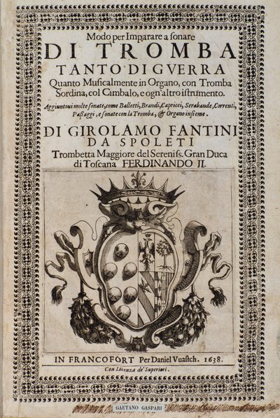 Frontispiece of Modo per imparare a sonare di tromba method to learn trumpet by Italian School