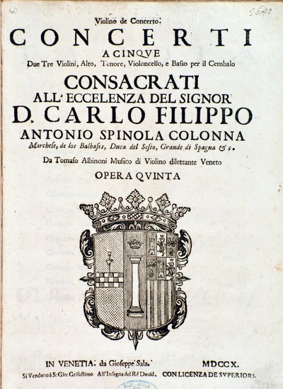 Frontispiece of musical score of Concerti a cinque, opera 5 by Tomaso Albinoni by Italian School