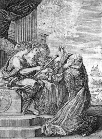 Galileo, astronomer (1564 - 1642) presents the telescope to the three graces. With his right hand, he indicates the planet Jupiter with his satellites discovered by himself and dedicated to the Medici family. Frontispiece of 