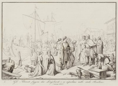 The Altinati flee from the Lombards and take refuge in the Realtine islands, 639 by Italian School