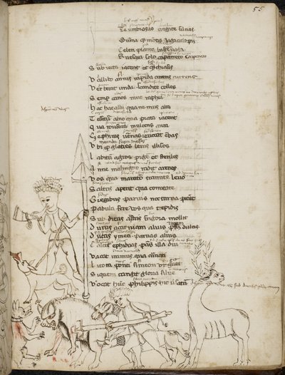 Harley 2453, f.55 A hunting scene with a boar, a stag, hunters, dogs and a hare (from 