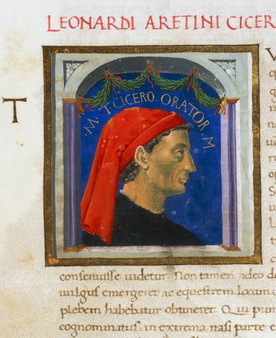Illuminated page with profile of Cicero, Volume I, left 1, f 303 r, Vitae virorum illustrium, by Plutarch, manuscript, Italy by Italian School