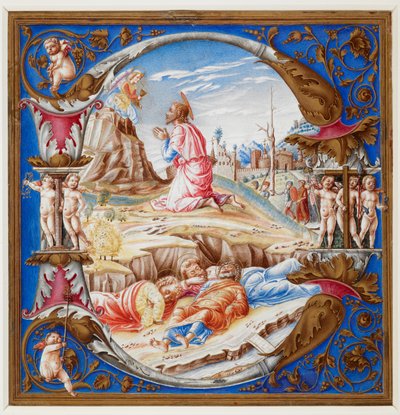 Initial D, showing the Agony in the Garden, from a choir book by Italian School