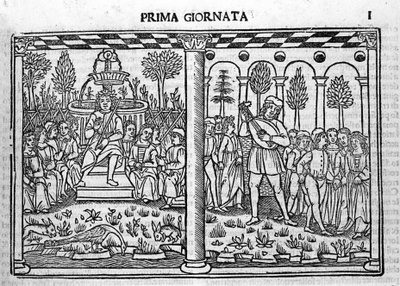 Introduction: representation of the author of Decameron surrounds ten young people. Illustration of the first day of the Decameron (1349-1351) by Giovanni Boccaccio by Italian School