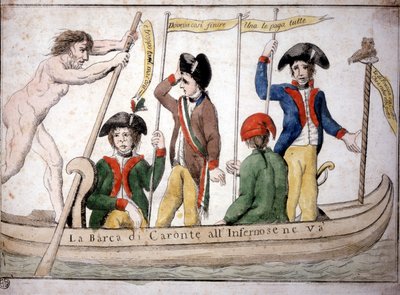 Italian cartoon about Napoleon Caron taking Napoleon to hell in his boat by Italian School