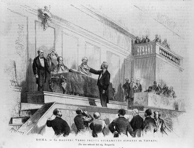 Italian composer Giuseppe Verdi (1813-1901) appointed senator to the Senate in 1874, Rome. Engraving from 1875. by Italian School