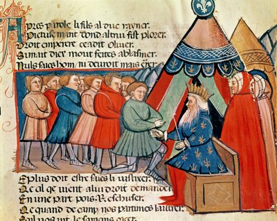 Knights pledging their allegiance to Charlemagne (742-814) from a Venetian codex by Italian School