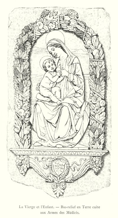 The Virgin and Child, Terracotta Bas-relief with Medici Arms (engraving) by Italian School