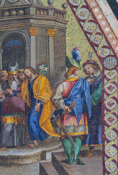 Marriage of Virgin, mosaic, upper cusp in facade of Orvieto cathedral, Umbria, Italy by Italian School