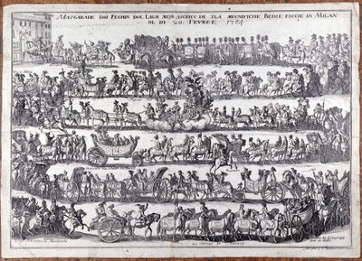 Masquerade: Procession and Dance of People in Masks on the Occasion of Carnival. Milan 20/02/1764. 18th Century Engraving by Italian School