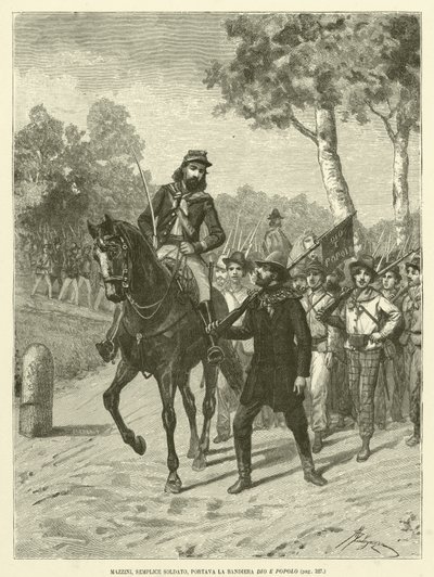 Mazzini, Simple Soldier, Carried the Flag God and People (engraving) by Italian School