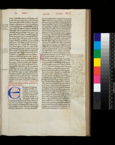 Ms 342. Caesar, Opera, f.38r. Initial [E] in Blue with Pen-Flourished Decoration in Red by Italian School