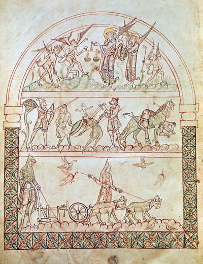 The earthly city with the hardships and misfortunes of mankind and the judgement of a soul, from The City of God by St Augustine, 11th-12th century by Italian School