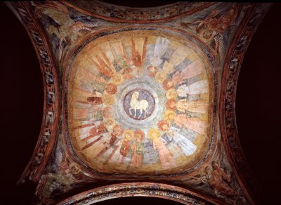 Mystic lamb surrounded by saints and angels (Fresco) by Italian School