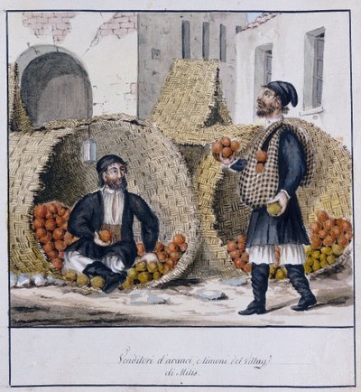 Orange and lemon vendors of Milis in Sardinia, printed ms.258, Luzzetti Collection by Italian School