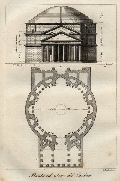 Pantheon of Rome, completed in c. 125 CE under the reign of Hadrian - engraving from 