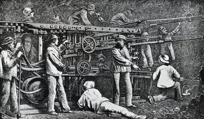 Pneumatic rock-drilling machine created by Giovanni Battista Piatti and perfected by Germano Sommeiller, engraving by Italian School
