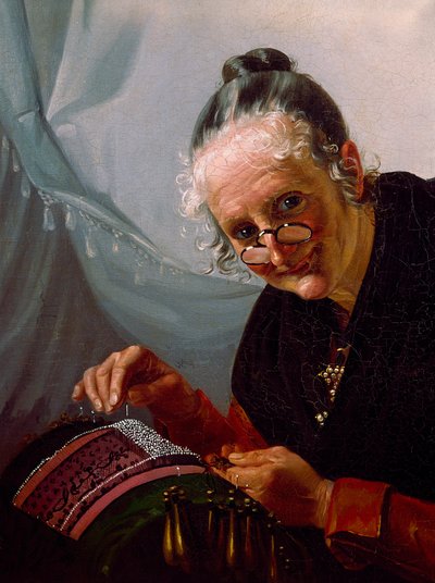 Portrait of an old woman smiling with a pair of lorgnons in front of her work by Italian School