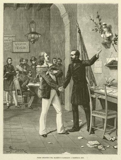 First Meeting Between Mazzini and Garibaldi in Marseille 1833 (engraving) by Italian School