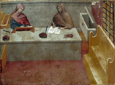 Representation of a camerlinguist, assistant of a copyist. Anonymous painting on wood of a Biccherna by Italian School